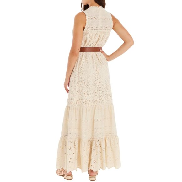 Allison Estelle Cream Eyelet Maxi Dress Small Cotton NWT Belted Boho Embroidered - Picture 2 of 14
